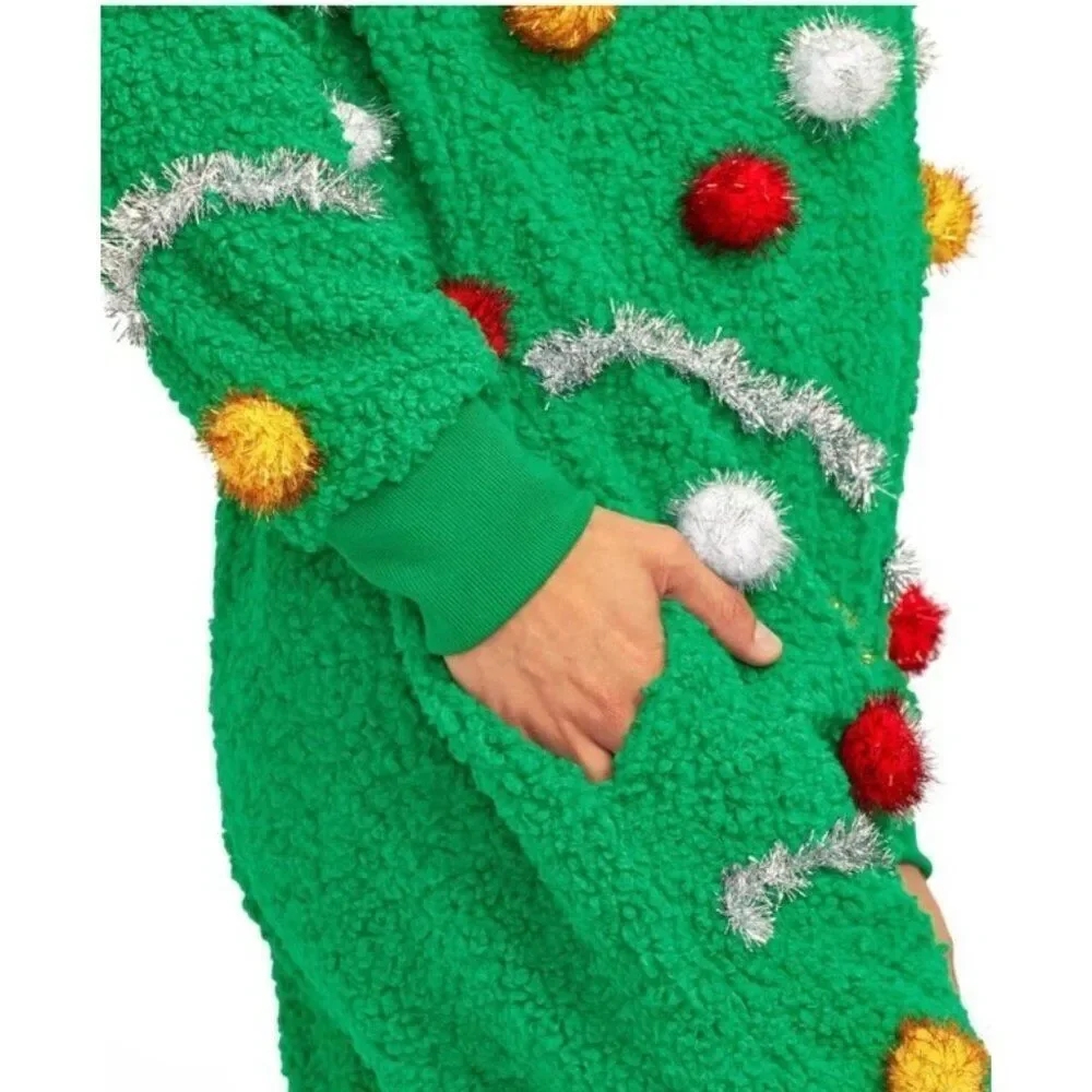 Tipsy Elvest Mens XL Oh Christmas Tree One Piece Hooded Fleece Full Zip Jumpsuit